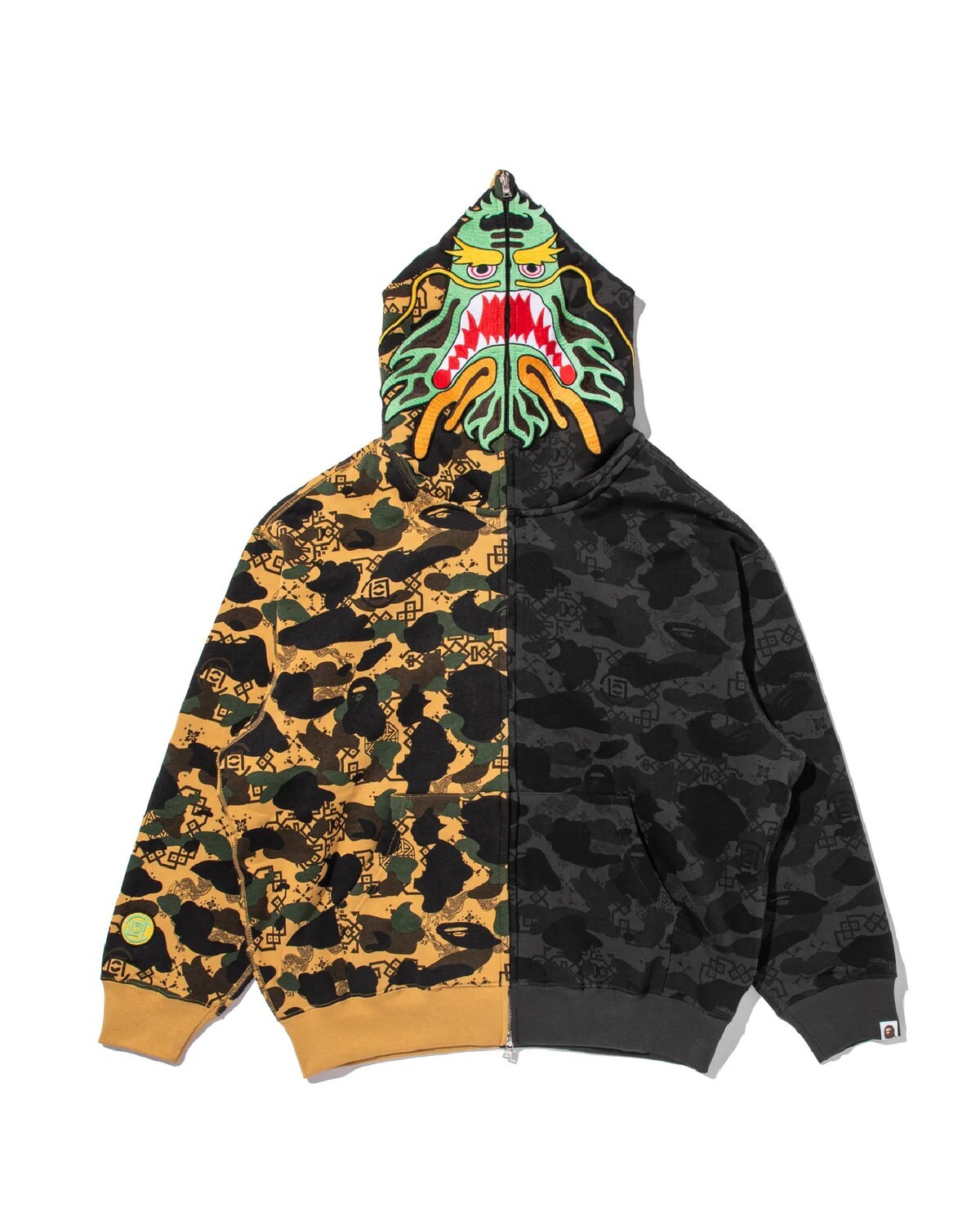 -(B7c03)-BAPE X CLOT CAMO SPLIT SHARK RELAXED FIT FULL ZIP HOODIE 聯名 凝結集團 陳冠希 龍 鯊魚外套 拼接-0ZXSWM917151P