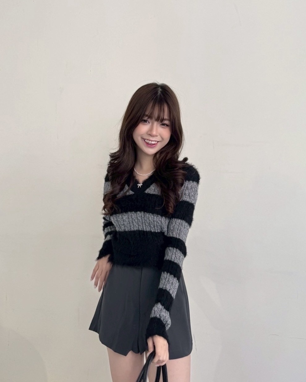 條紋針織短版上衣（附圍巾）-0096