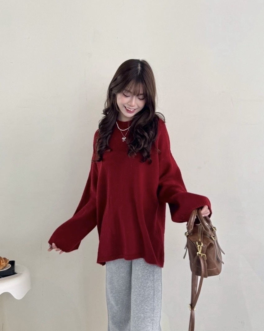 素色圓領長板針織毛衣—3745