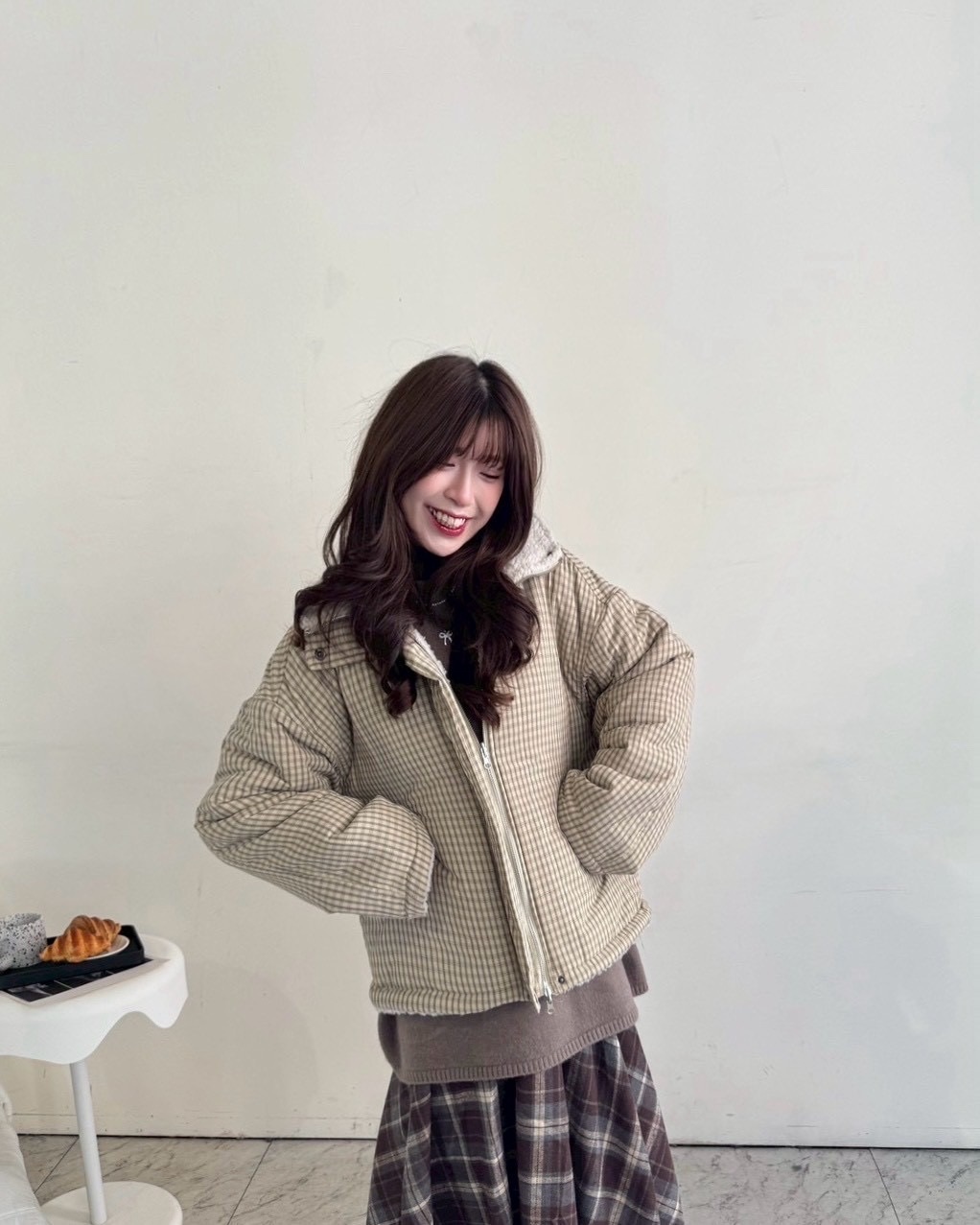 格子羔毛雙面外套—8533