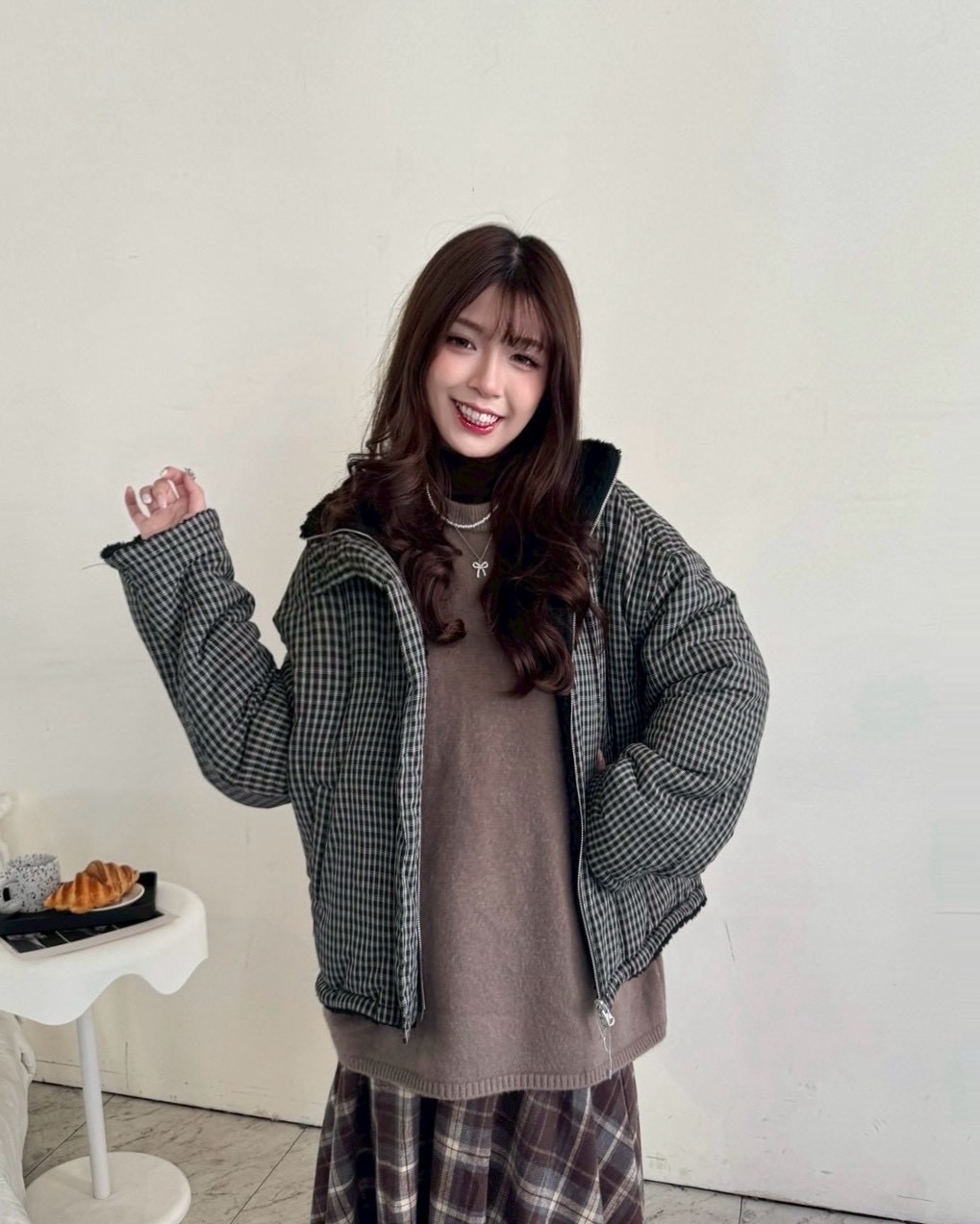 格子羔毛雙面外套—8533