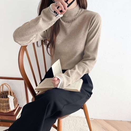 日本 袖口撞色小立領上衣