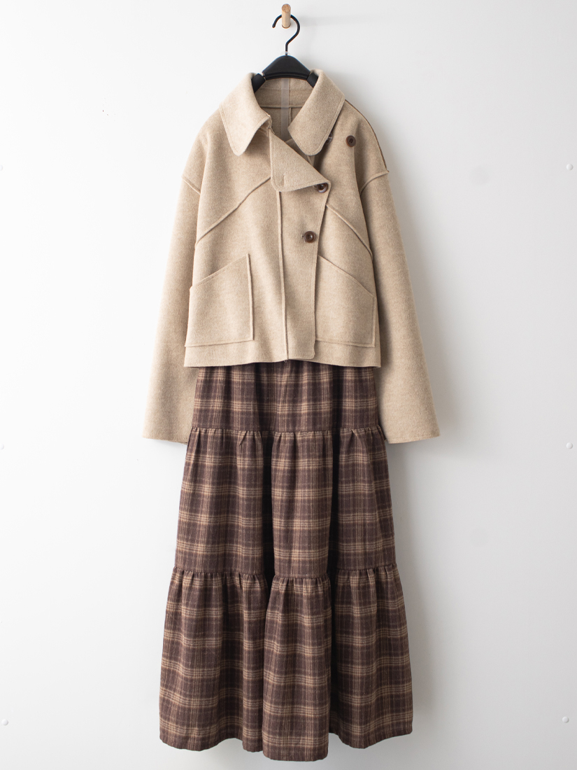 翻領短版大衣格紋法蘭絨蛋糕裙組合