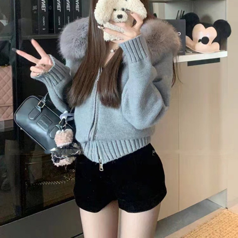 Autumn Winter Faux Fox Fur Hooded Short Knit Cardigan