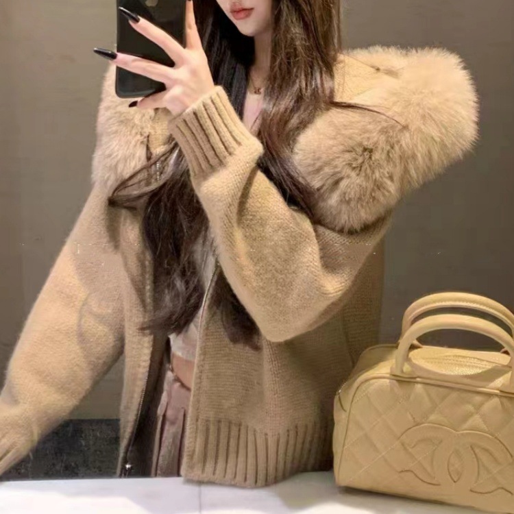 Autumn Winter Faux Fox Fur Hooded Short Knit Cardigan