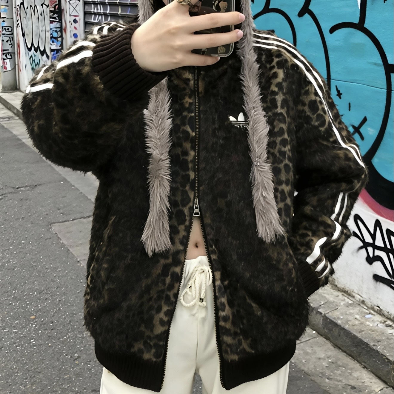 ADIDAS ORIGINALS 豹紋 仿皮草 動物紋 立領外套 雙拉鍊 針織縮口 KU9407