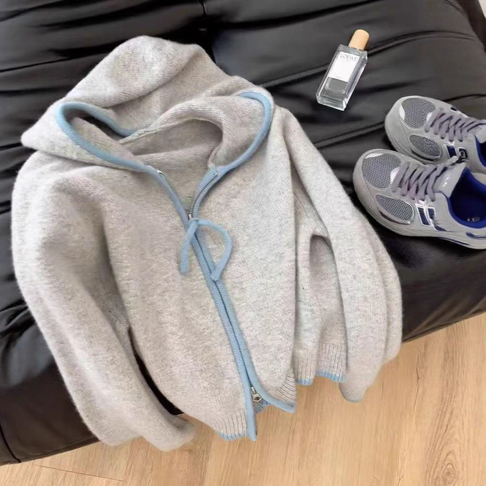 Korean Color-Block Hooded Zip-Up Knit Cardigan