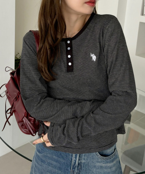 日本🇯🇵連線 U.S. POLO ASSN. x Ada. 刺繡亨利領條紋上衣 簡約 打底 內搭 長袖 刺繡 5色(任買兩件711免運)/預購