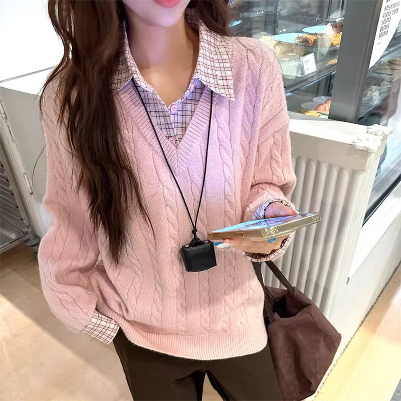 Pink Cable-Knit Long Sleeve Polo Collar Top