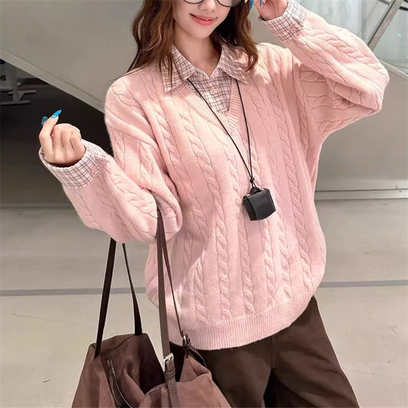 Pink Cable-Knit Long Sleeve Polo Collar Top