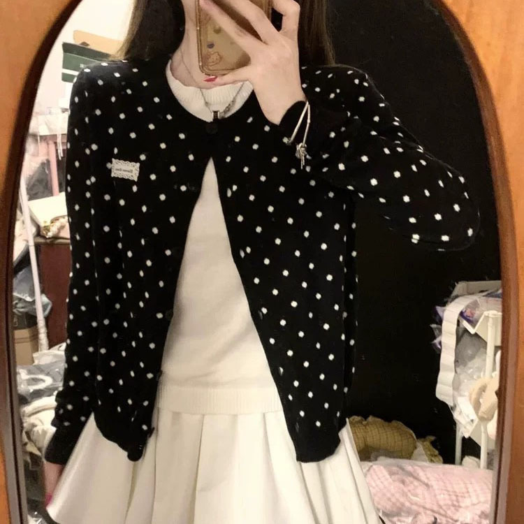 Korean Black Polka Dot Layered-Look Knit Cardi