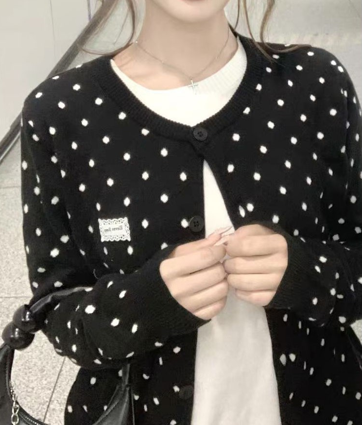 Korean Black Polka Dot Layered-Look Knit Cardi
