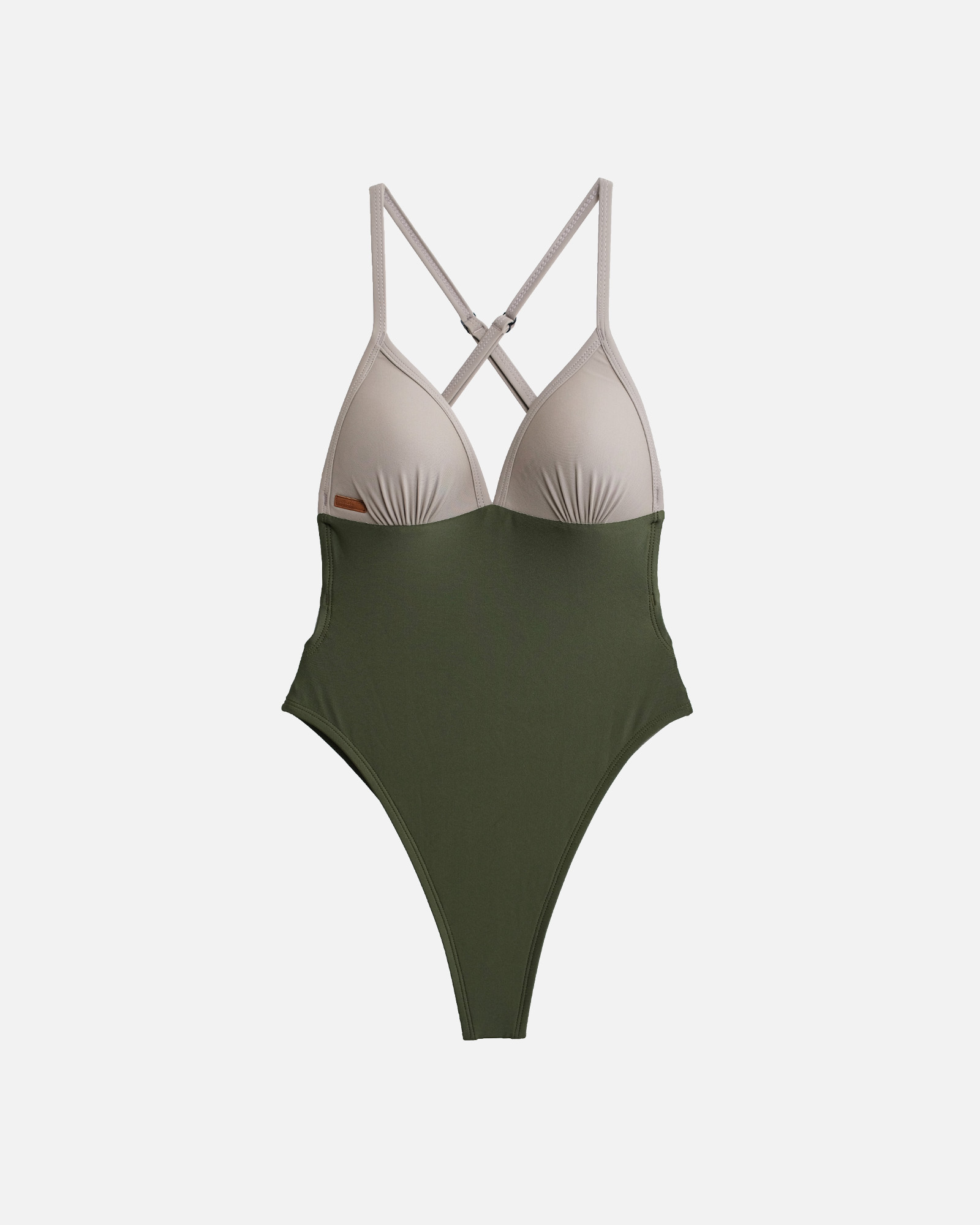 【泥灰x橄欖綠】UPVEW 三角美胸海鷗丁拼色連身泳裝