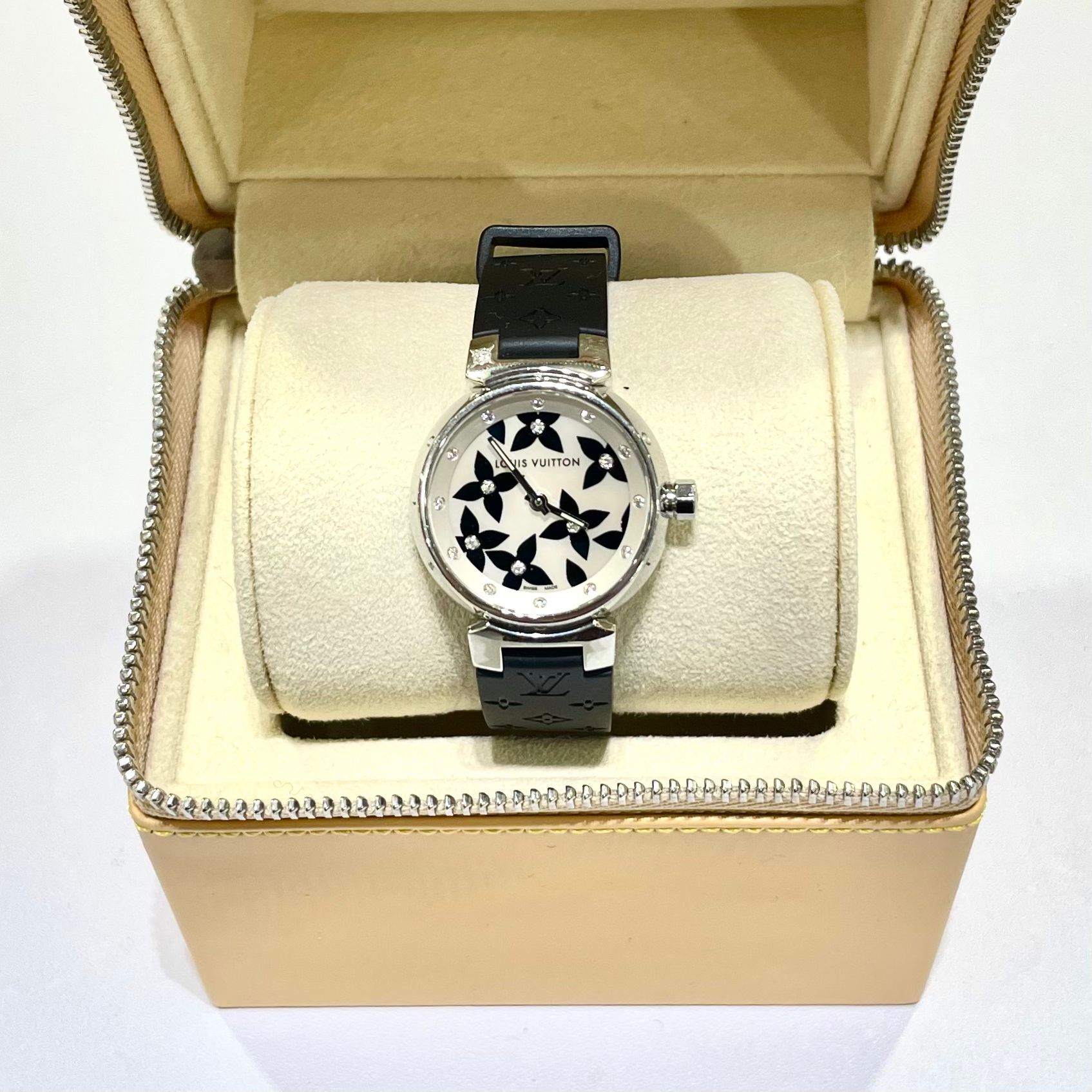 本週特價❣️DISPLAY➡️未使用品➡️LV女士手錶TAMBOUR LOVELY DIAMOND WATCH Q121I 黑色花鑽石膠錶帶 #香榭站正品
