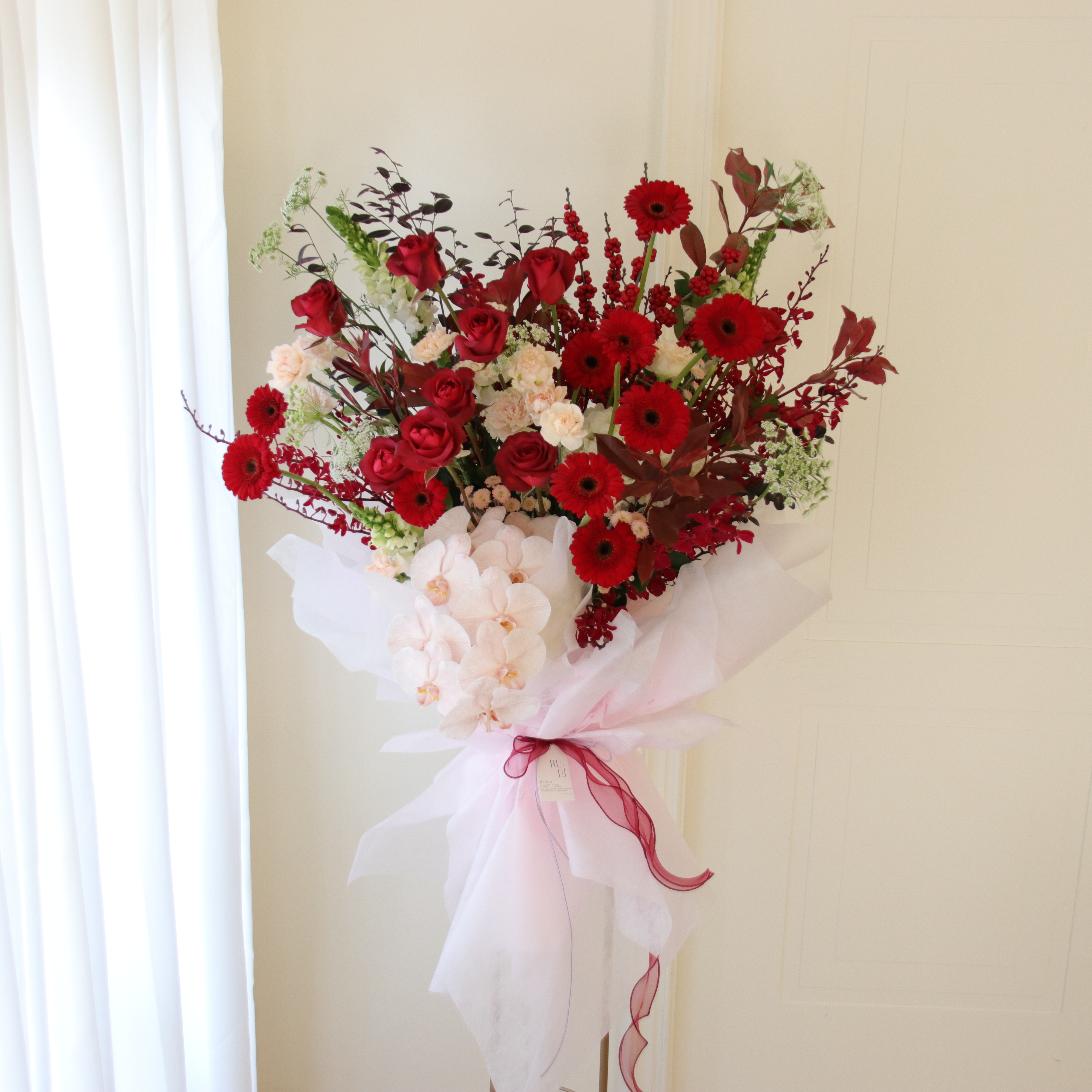 星火繁花- 紅色系頂級鮮花高架花籃 (包裝款)