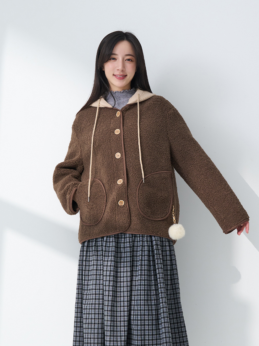 輕磨毛格紋剪接細褶口袋八分長裙