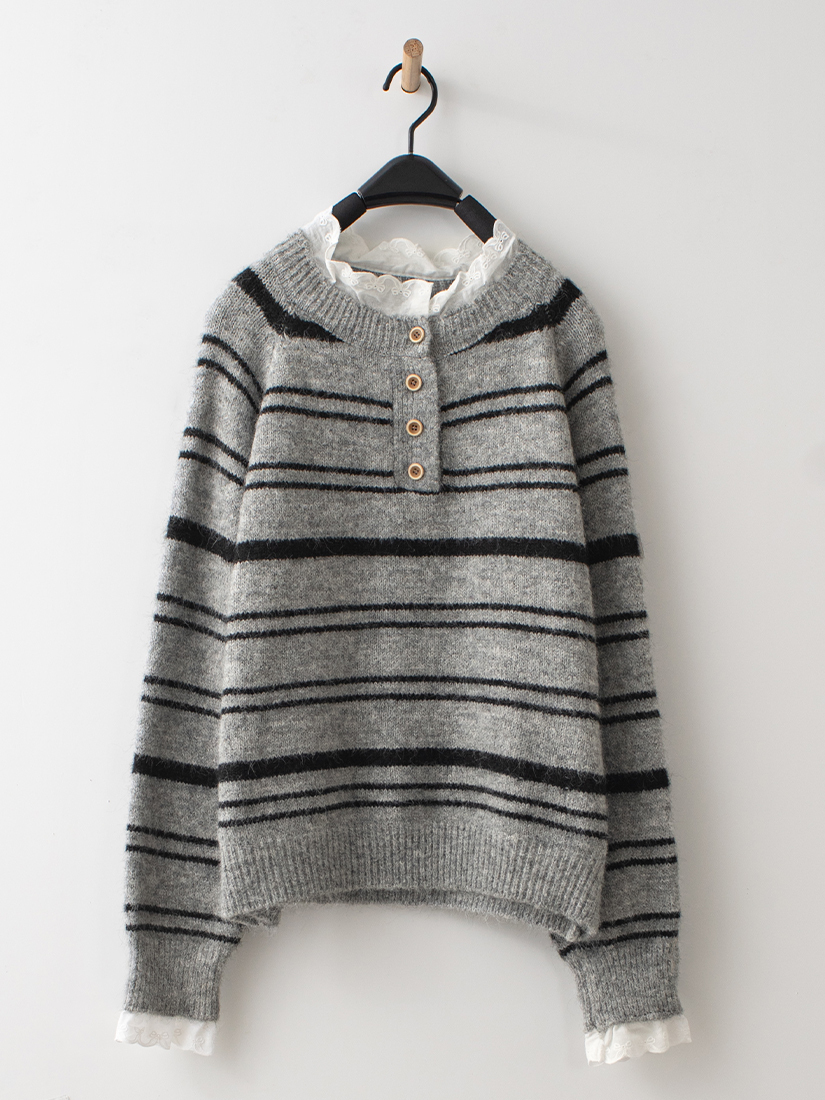 溫甜氣質棉布蕾絲條紋針織毛衣