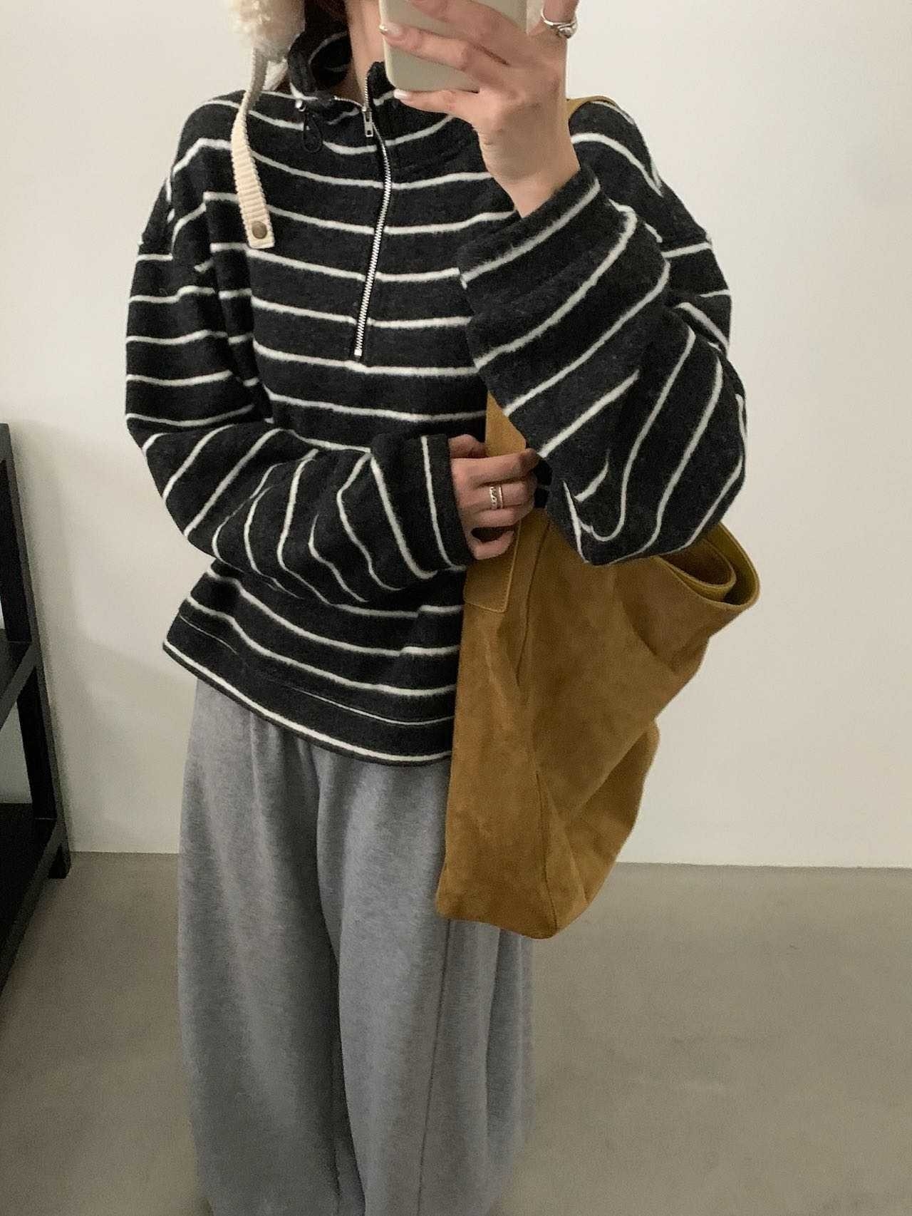 磨毛加絨拉鍊條紋上衣 RCR0096