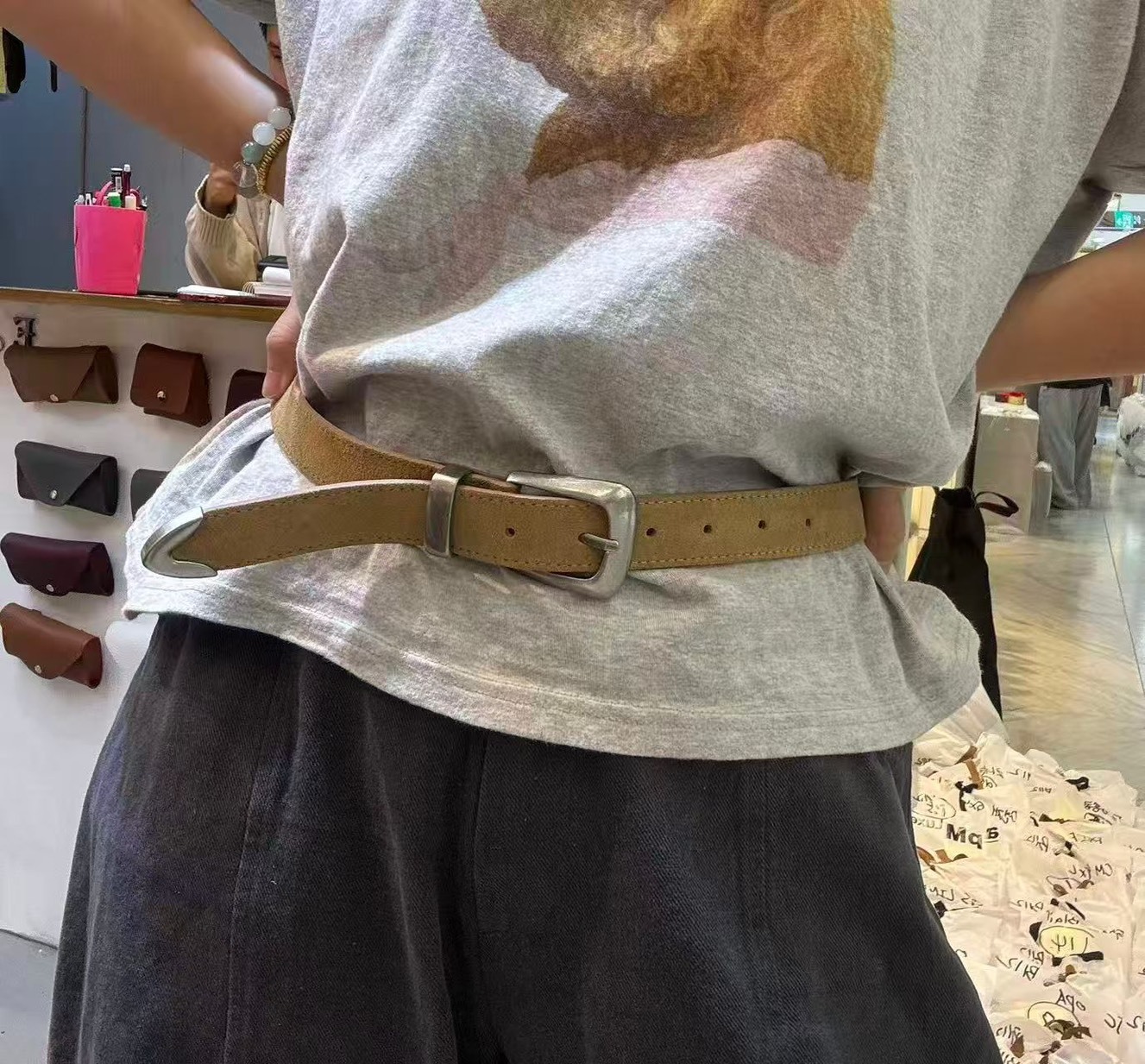3cm義大利牛皮麂皮銀釦腰帶