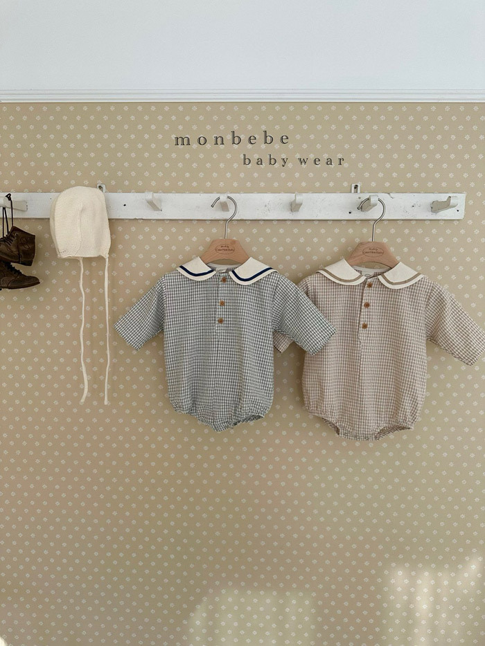 正韓春Monbebe 兩色海軍風格子包屁衣