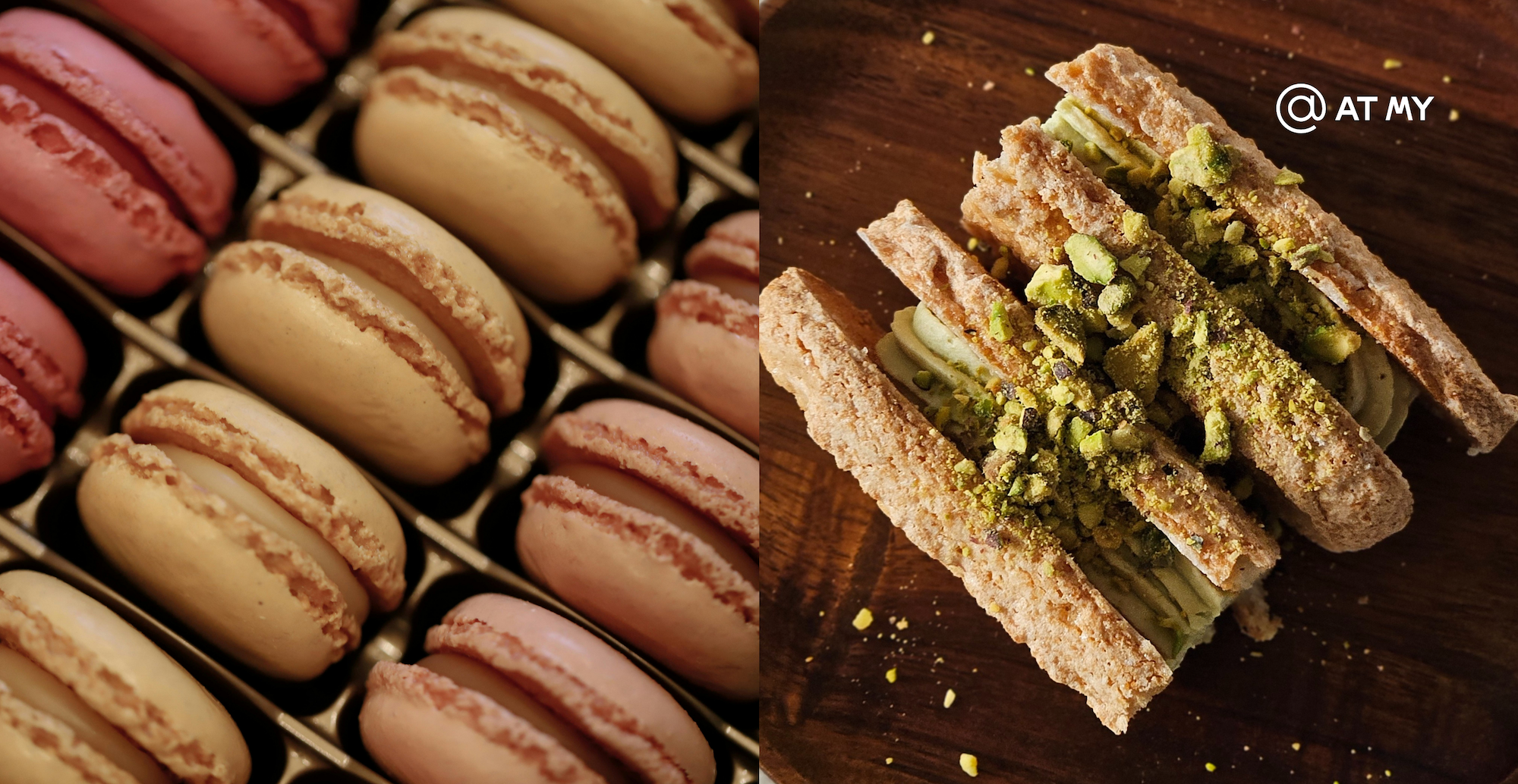 左側為色彩繽紛的馬卡龍,右側為外酥內柔、鋪滿堅果碎的達克瓦茲甜點,可直接看出達克瓦茲馬卡龍差別。