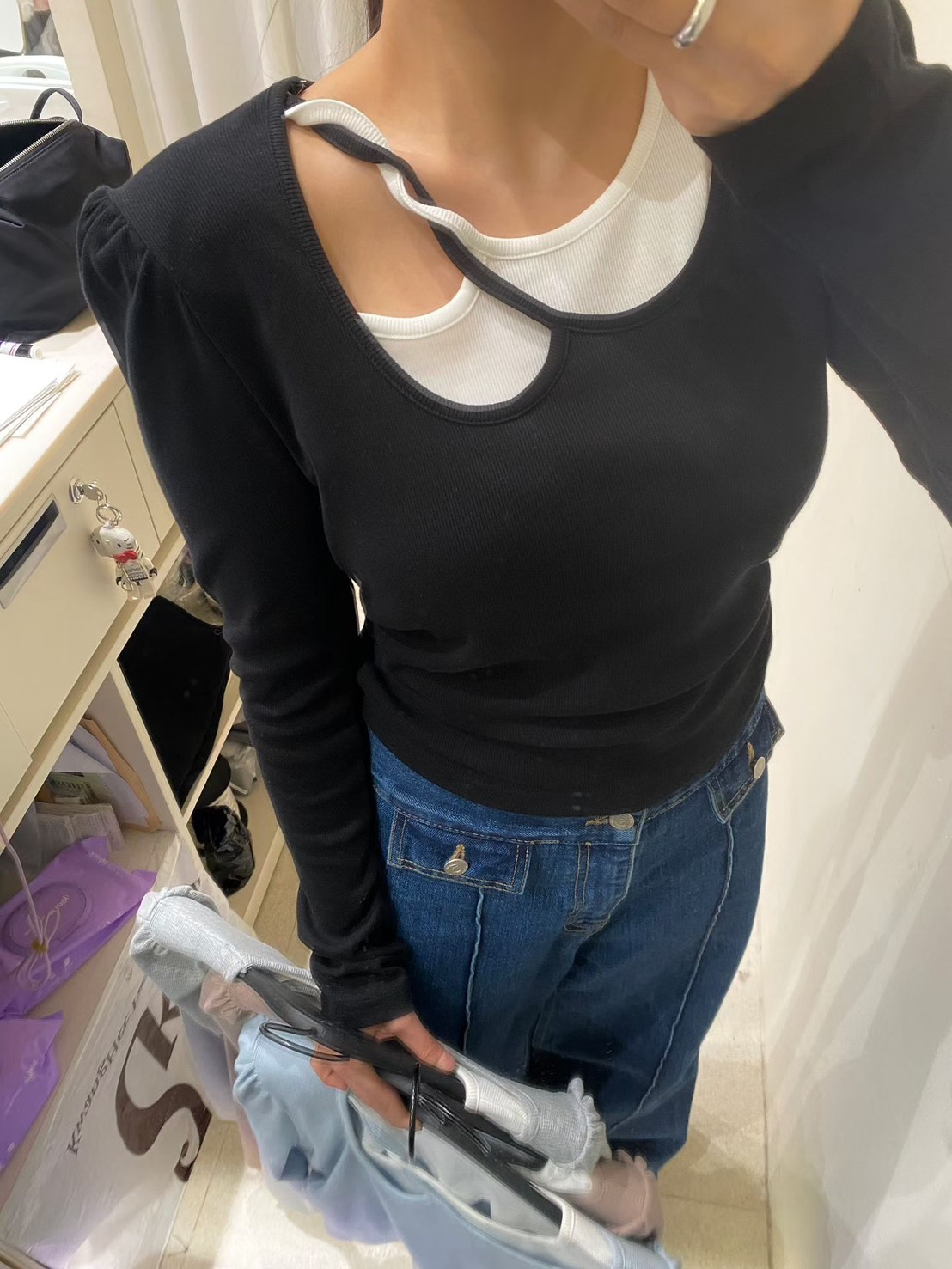 雙配色扭轉設計帶公主袖T