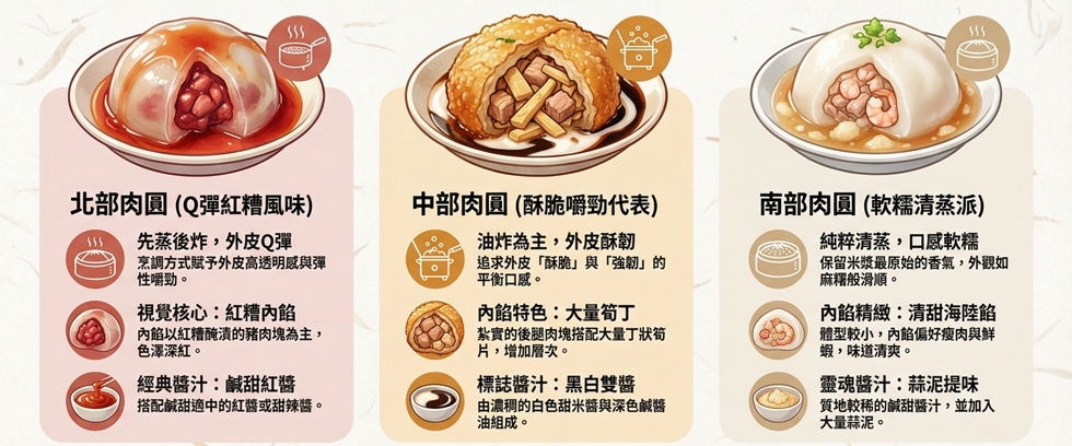 北中南的肉圓口感大不同，端上桌的東西長得完全不一樣。