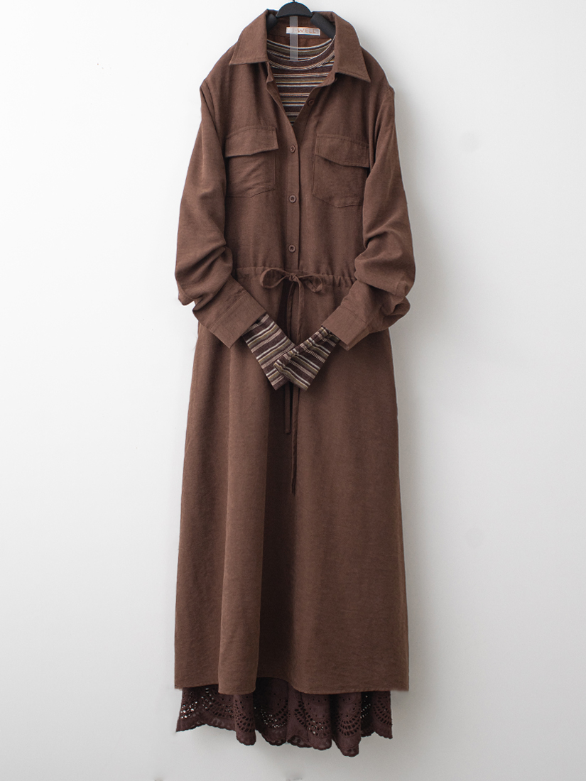 綁帶洋裝條紋內搭柔軟寬褲組合