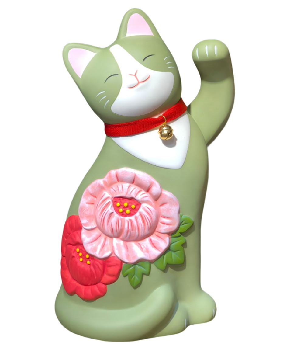 0119gz389-招財貓-彩繪步步繁花招財貓 •青•舉左手（B75）