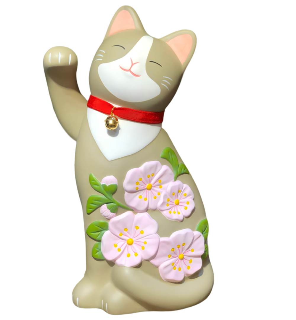 0119gz390-招財貓-彩繪步步繁花招財貓 •灰•舉右手（B76）