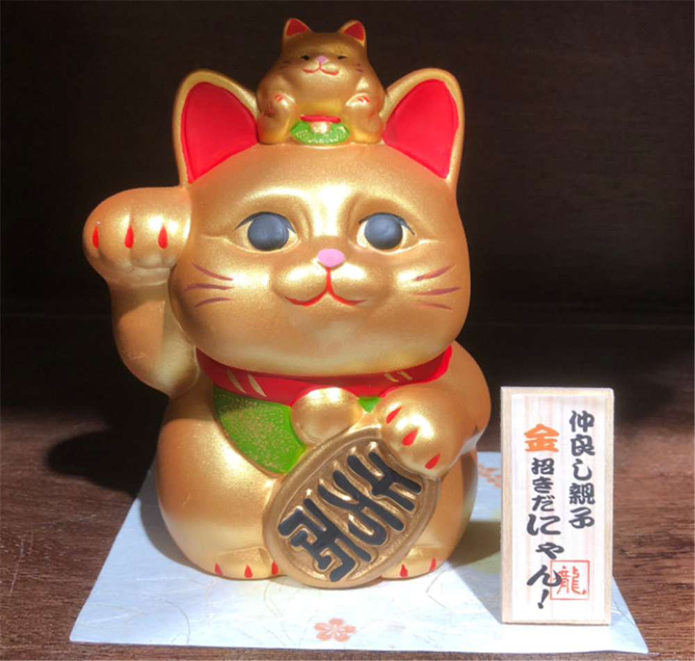 0119gz432-招財貓-頭頂小貓存錢罐•金（B118）