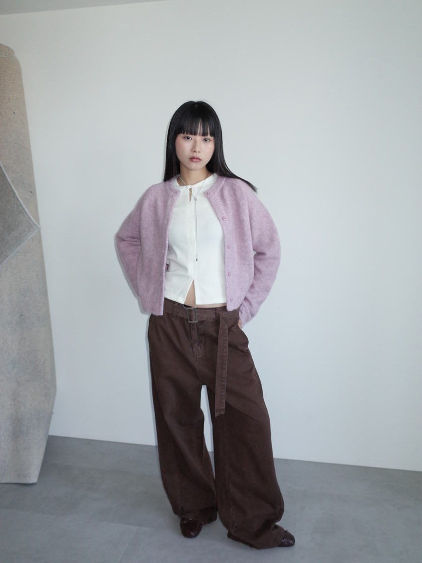 (UNISEX) button hem twill straight pants with belt