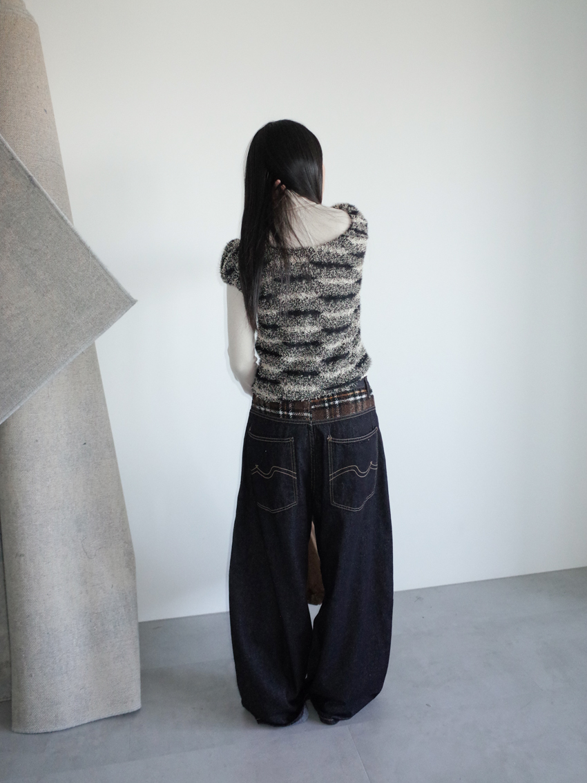 plaid tweed panel raw denim straight wide jeans