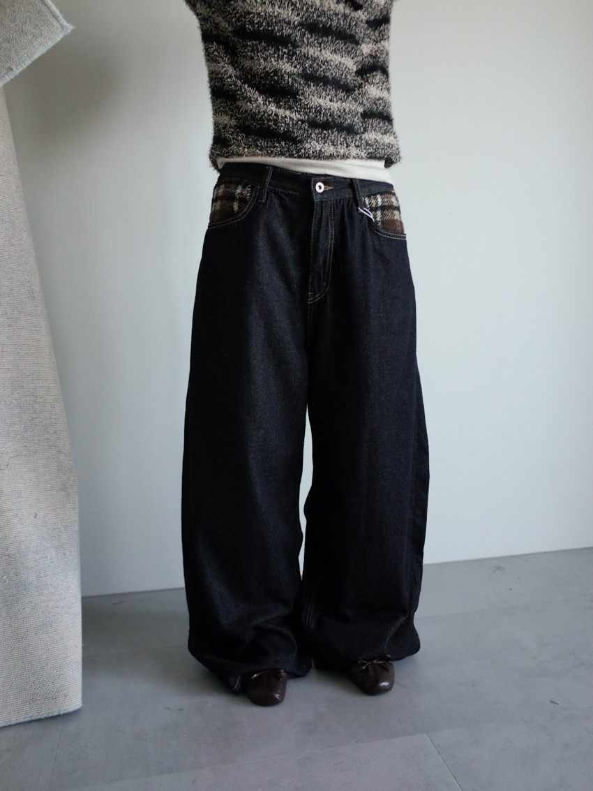 plaid tweed panel raw denim straight wide jeans