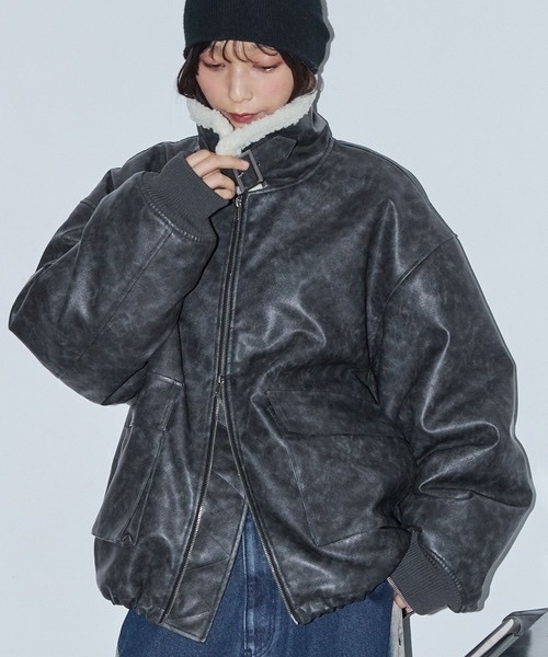 <日本限定>Anchor Smith 水洗做舊 羊羔絨 外套 圍巾領 抽繩 雙拉鍊 復古皮革 黑色 棕色