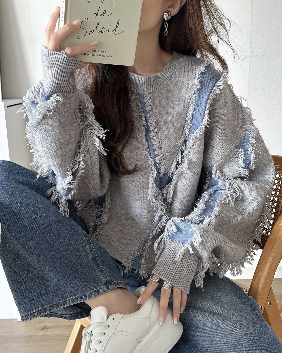 <日本限定>Classical Elf 流蘇針織衫 撞色 拼接 寬鬆 長袖 上衣 共5色