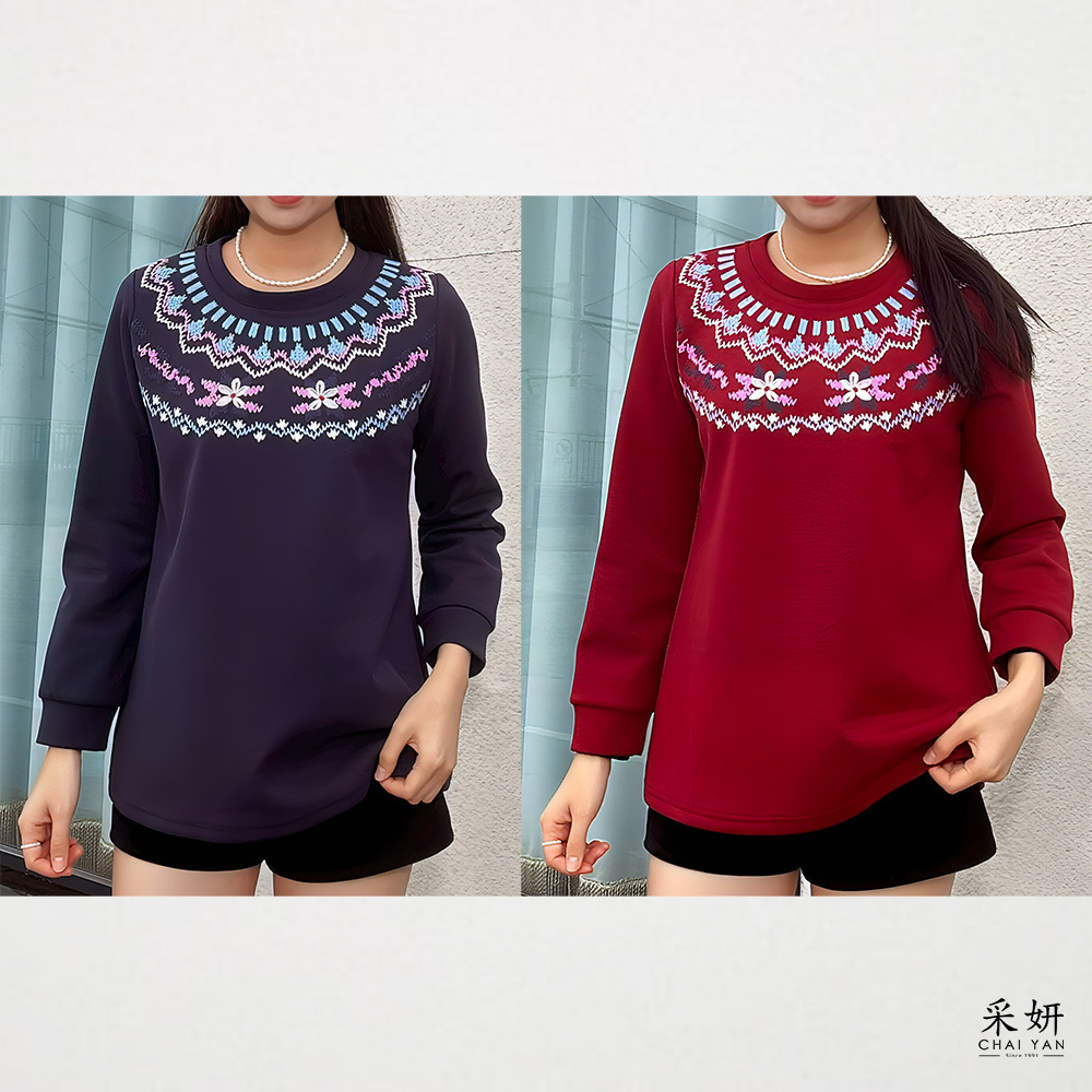 線條花朵刺繡滑棉長袖上衣