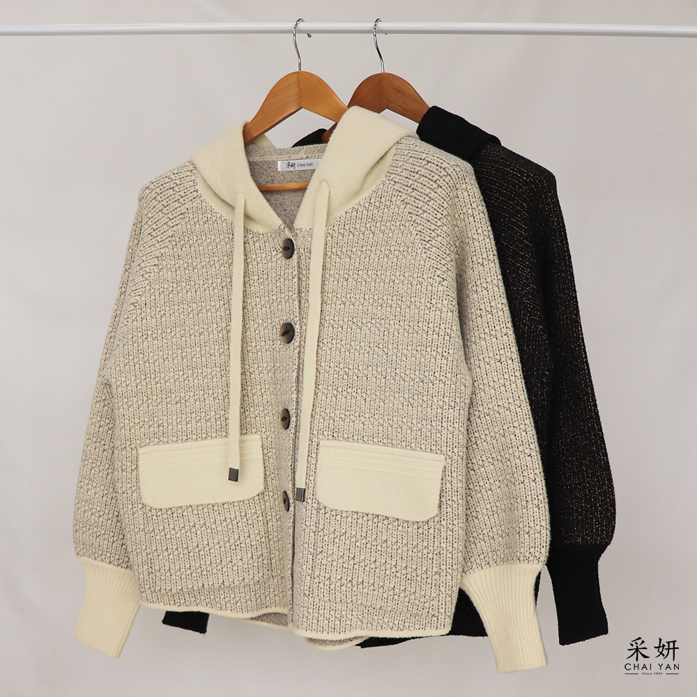 混色鈕扣連帽拉繩針織外套