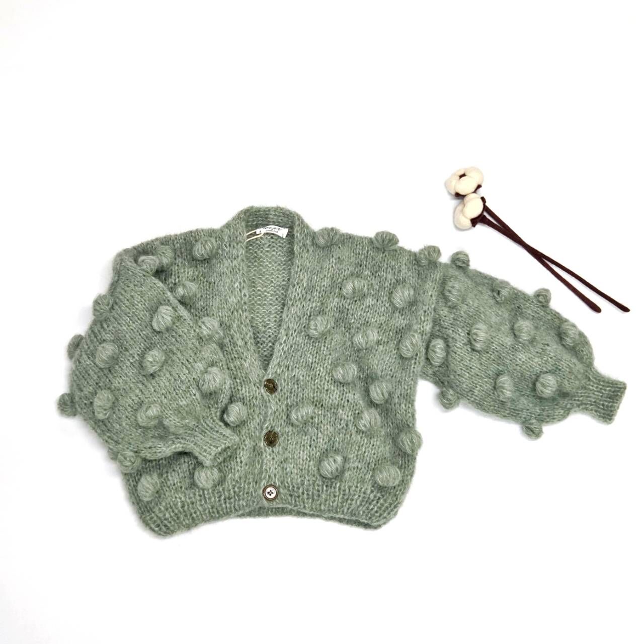 pixie hat 柔軟球球排釦針織外套 Bubble Cardigan KIDS - zielona szatwia 灰綠
