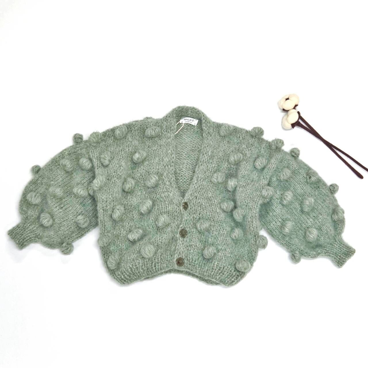 pixie hat 柔軟球球排釦針織外套 Bubble Cardigan KIDS - zielona szatwia 灰綠