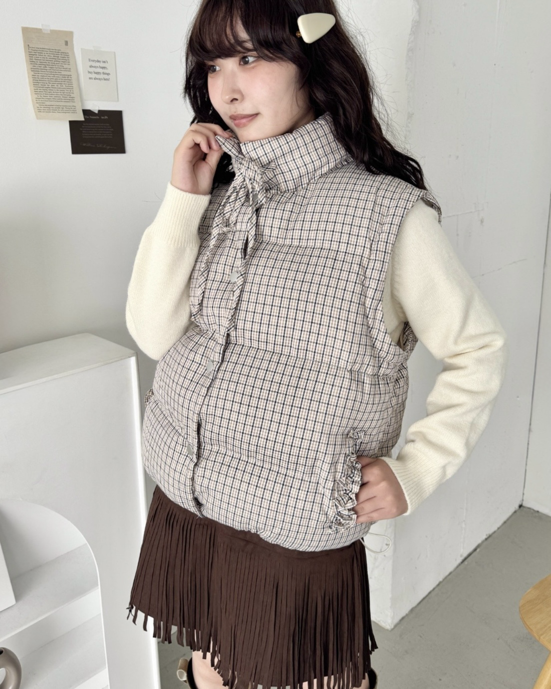 日本 Outditter lab 格紋 緞帶 可拆 羽絨外套 背心 立領 米色 淺藍色