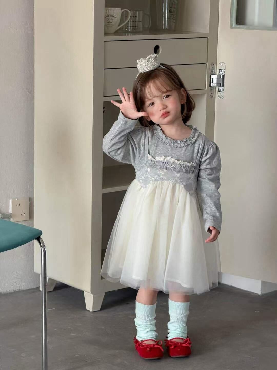 BYC01SE074GY 灰調名媛蕾絲蓬蓬紗裙套裝