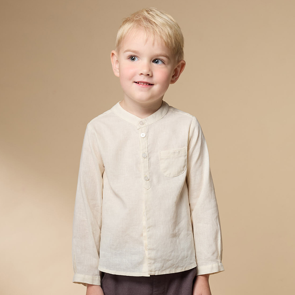 PIPPY 素面棉麻圓領排釦長袖襯衫上衣 白