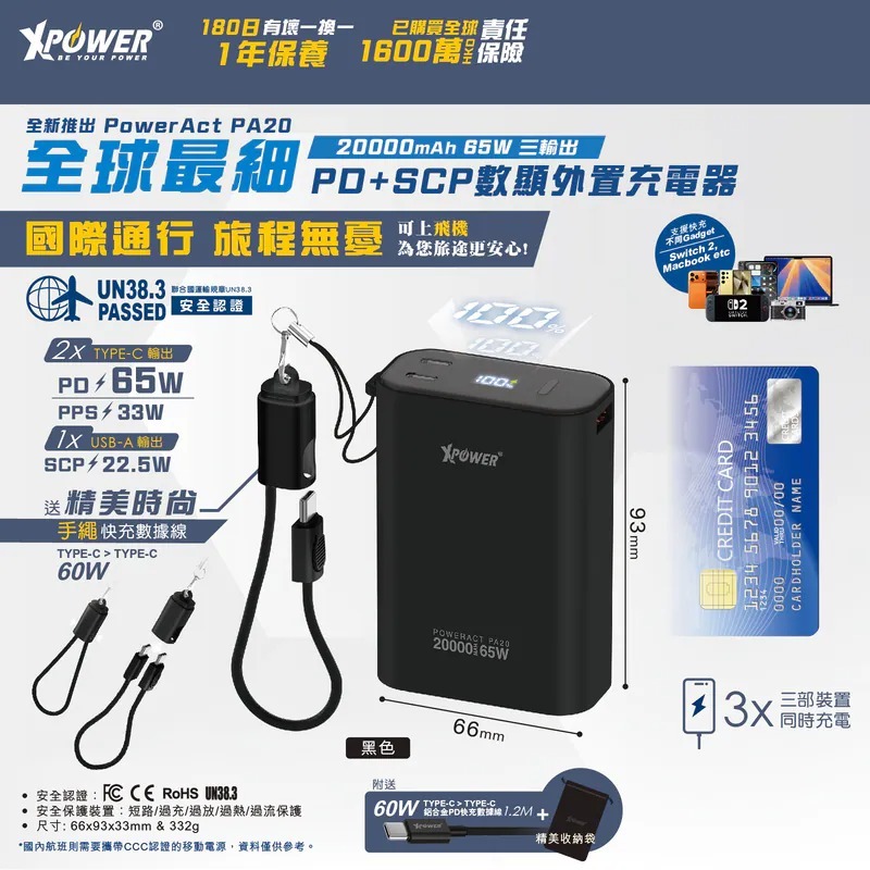 XPower PowerAct PA20 65W 20000mAh 3輸出 PD+SCP數顯移動電源