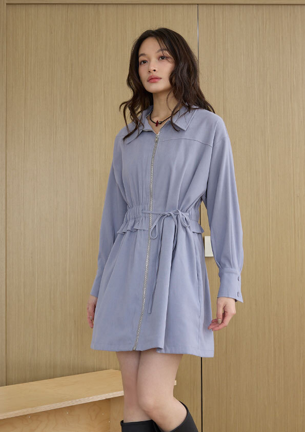 不對稱腰抓褶綁帶洋裝