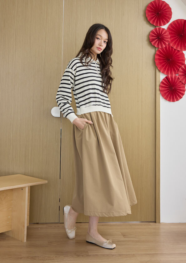 條紋假兩件拼接連身裙