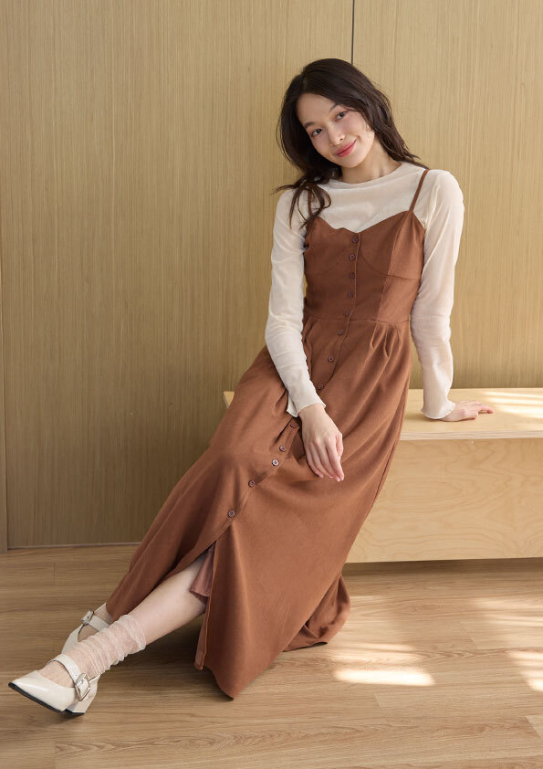 壓摺背心吊帶長洋裝