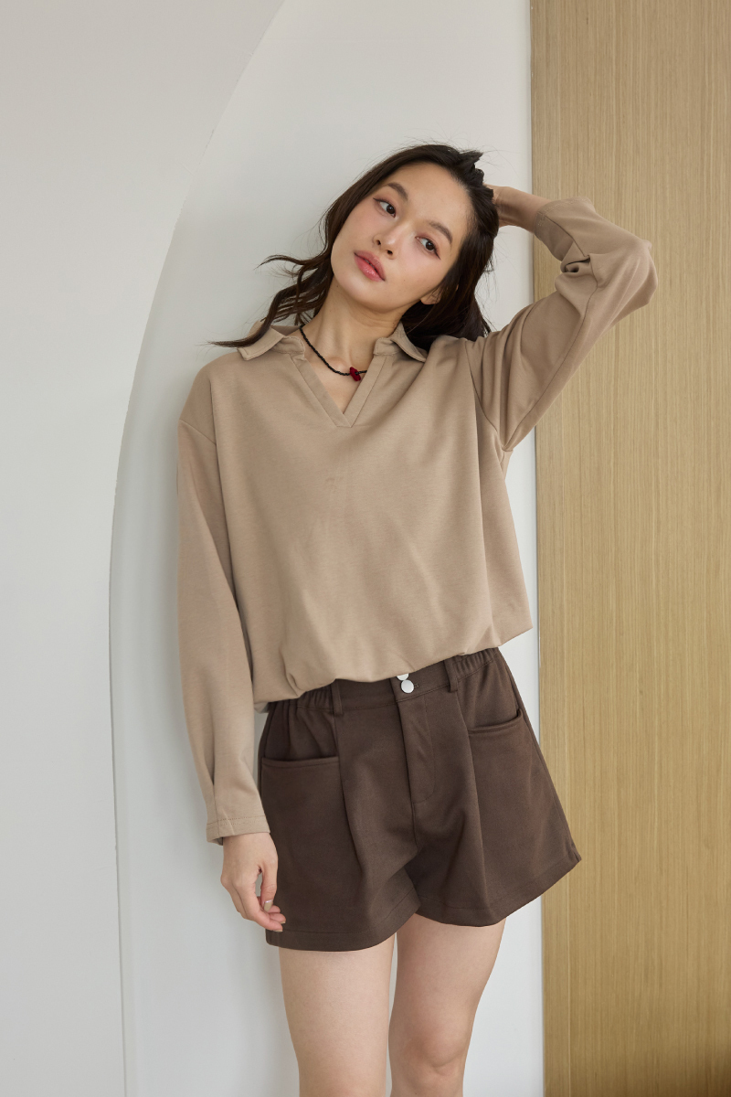 半開襟下襬縮口襯衫上衣