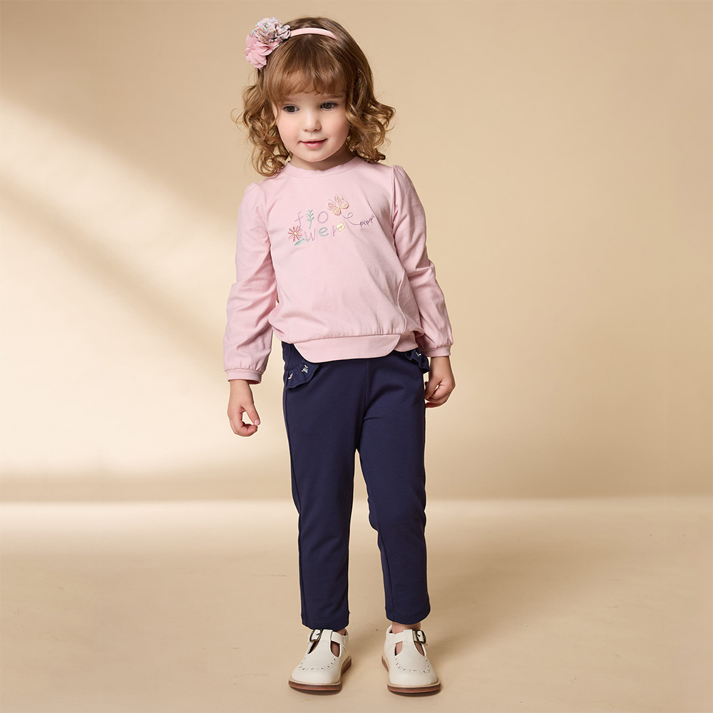 PIPPY 典雅袋口抽皺荷葉邊鬆緊長褲 丈青