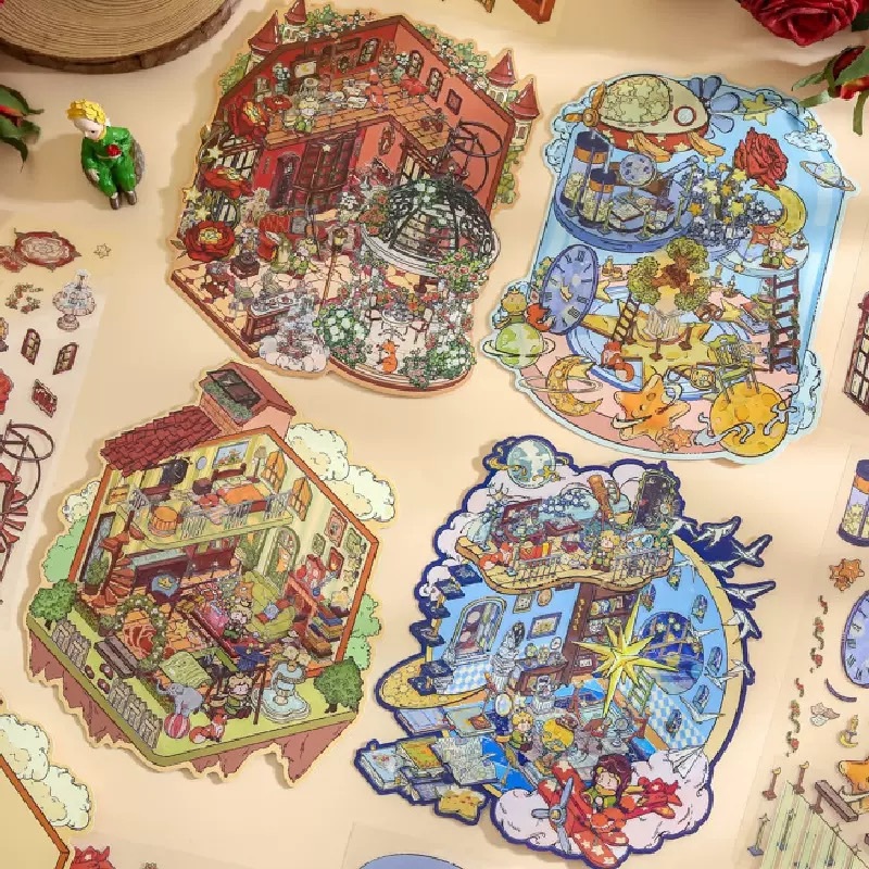 (預購商品) 復古文藝手繪插畫造景貼紙(單組)